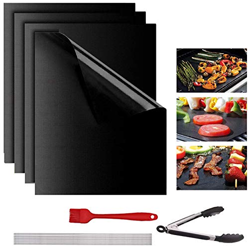 Lyeiaa 16 Piezas Estera para Barbacoa Juego,4 Estera para Parrilla de Barbacoa Antiadherentes Reutilizable,10 Brochetas para Barbacoa y Cepillo de Silicona y Pinzas para Parrilla(40 x 33CM)