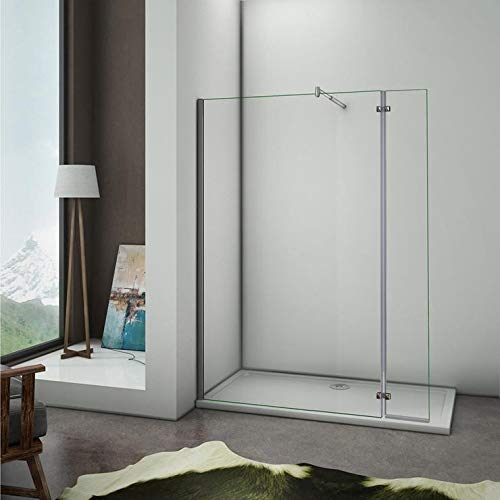 Mampara de Ducha 8mm Frontal Panal Fijo 90 cm con Panel Abatible de 40 CM y barra de soporte extensible 70-120cm vidrio antical de 8 mm, 80x40x200 CM