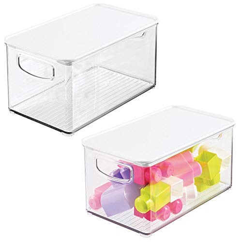 mDesign Juego de 2 organizadores de juguetes – Juguetero grande con tapa de plástico robusto – Caja organizadora apilable para guardar juguetes y manualidades – transparente y blanco