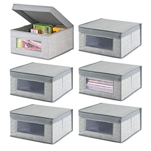 mDesign Juego de 6 Cajas organizadoras de Tela – Caja de almacenaje apilable para ordenar armarios, Zapatos o Ropa – Organizador de armarios con Tapa y ventanilla – Gris