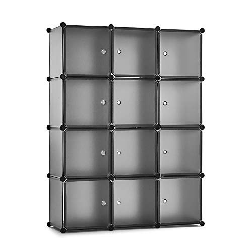 Meerveil Armario, Armario Portatil Armario Modular Tablero de Resina 12 Cubos con Puerta Almacenamiento para Ropa Libro Jugete 111x37x147 cm Gris Claro