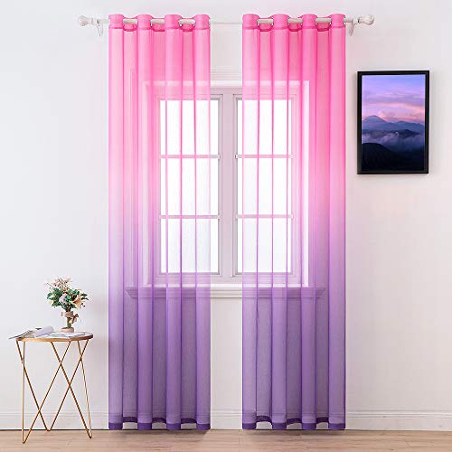 MIULEE 2 Hojas Cortinas Degradado Semitranslúcida Poliéster Visillo Suave para Ventanas Gasa Moderna con 8 Anillas para Dormitorio Hogar Habitación Balcon Salón 140x245cm Rosa Púrpura