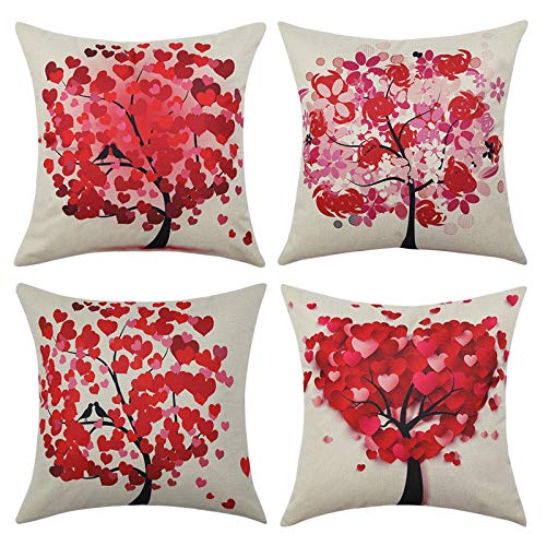 MIULEE Juego de 4 Lino Cojines Árbol Rojo Funda de Cojín Almohada Caso de Decorativo Cojines para Sala de Estar sofá Cama18 x18 Pulgadas 45x45cm