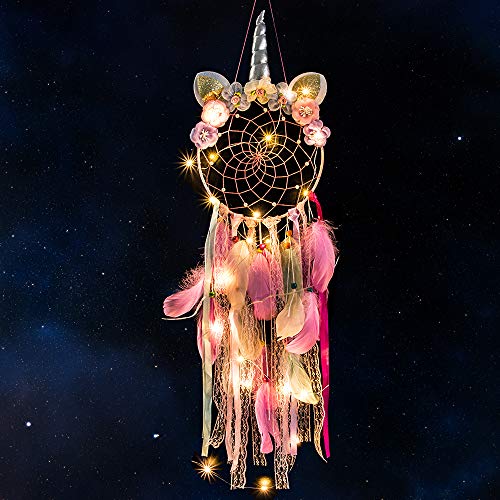 MMTX Unicornio Dream Atrapasueños con luz LED Hecho a Mano Dream Catcher con Plumas, Colgar en la Pared Colgante Decoración Romántica Accesorio Adornos Artesanía para el Dormitorio de Las Niñas Rosado