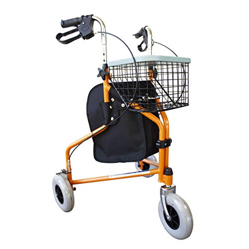 Mobiclinic, Modelo Caleta, Andador para ancianos, mayores y minusválidos, Rollator de acero, andador caminador, ligero, regulable en altura, frenos en las manetas, plegable, cesta, 3 ruedas, naranja