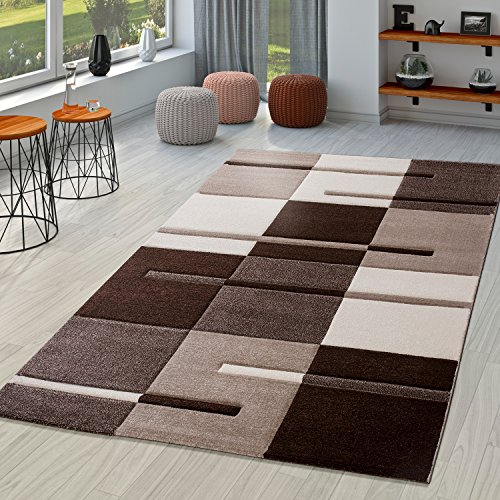 Moderna alfombra para salón, marrón, beige y crema, dibujo de cuadros contorneado a mano, polipropileno, marrón, 60 x 110 cm