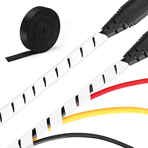 MOSOTECH 2 Pack Organizador Cables, 5.1M Espiral Cubre Cables Universal con 3.1M DIY Negro Bridas Cortable, Antienvejecimiento Recoge Cables para Escritorio, PC Escritorio, Oficina, Hogar-Blanco