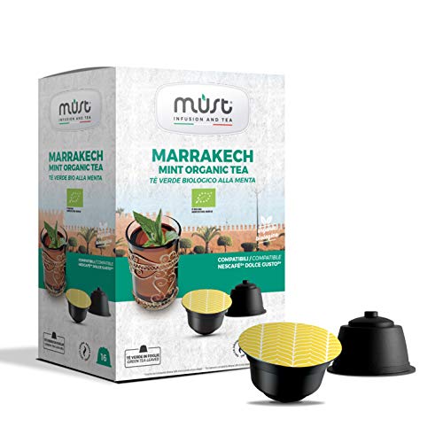 MUST 96 BIO GREEN TEA Cápsulas Autoprotegidas en Plástico 100% Reciclable MARRAKESH MINT TEA Paquete de 16 Cápsulas para 6 Paquetes Compatible con la Máquina Dolce Gusto Made in Italy