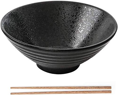 MUXUE Tazón De Ramen Japonés De Cerámica,Tazones De Sopa Creativos con Palillos, Cuenco Grande De Fideos Vintage 900ml, Ramenbowls De Personalidad para Cereales, Pasta, Fideos, Aperitivo, Etc.(Negro)