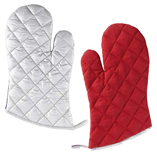 Natuiahan Guantes de Horno Resistentes al Calor Pack de 2 Manoplas. Forro de Algodón Antideslizante para Barbacoa, Cocinar, Hornear, Asar. Bicolor: un Lado Rojo, un Lado Plateado