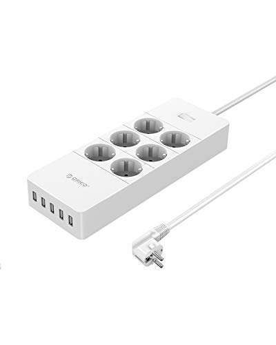 ORICO 6 Tomas Regleta Enchufes con 5 USB Puertos (5V/8A) - Inteligente Tecnología IC con Múltiples Protección - Carga para Samsung iPad iPhone Tablets y Otros Dispositivos - Blanco