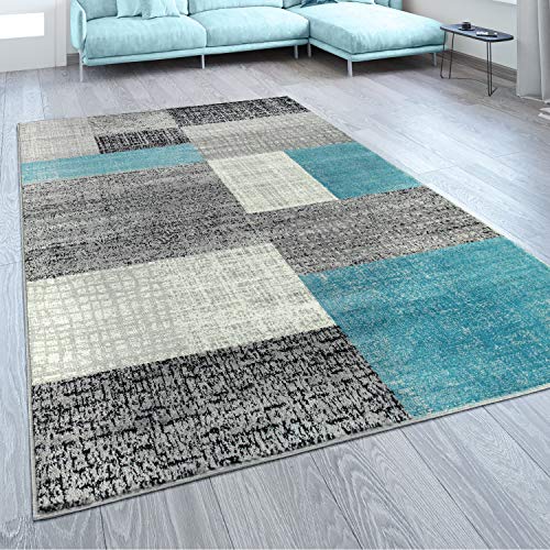 Paco Home Alfombra De Diseño A Cuadros Turquesa Gris, tamaño:60x100 cm