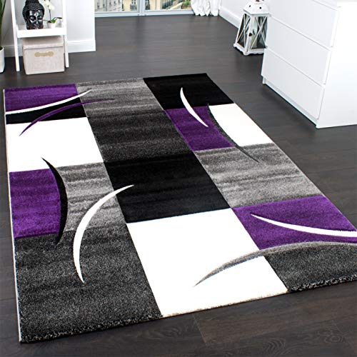 Paco Home Alfombra De Diseño Perfilado - A Cuadros En Lila Gris Negro, tamaño:160x230 cm