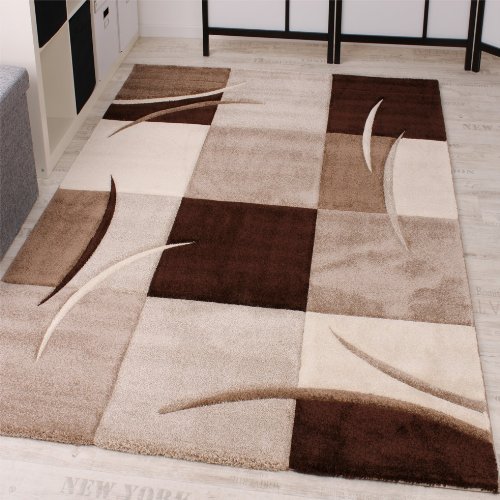 Paco Home Alfombra De Diseño Perfilado - A Cuadros - Marrón Beige, tamaño:160x230 cm