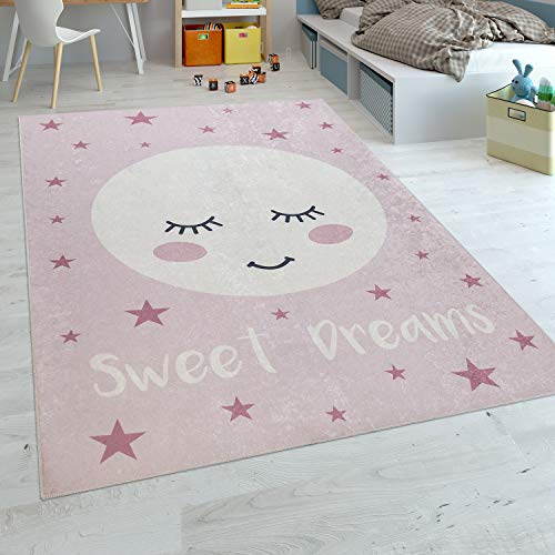 Paco Home Alfombra Habitación Infantil Niña Lavable Estrellas Luna Adorable Frase Rosa, tamaño:80x150 cm