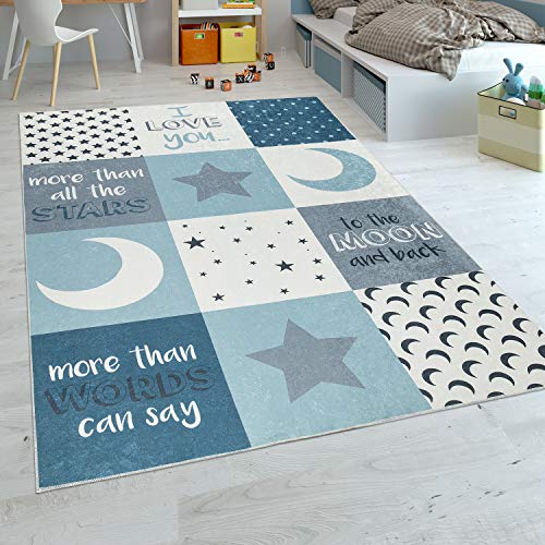 Paco Home Alfombra Habitación Infantil Niño Lavable Corazón Estrellas Luna Frase Azul Gris, tamaño:120x160 cm