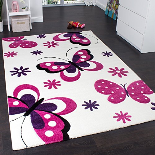 Paco Home Alfombra Infantil - Diseño De Mariposas Crema Rosa Lila, tamaño:120x170 cm