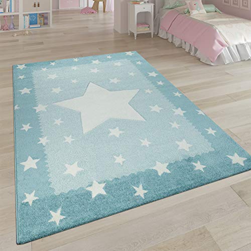 Paco Home Alfombra Infantil Habitación Infantil 3D Adorable Ribetes Diseño Estrellas Azul Pastel, tamaño:120x170 cm