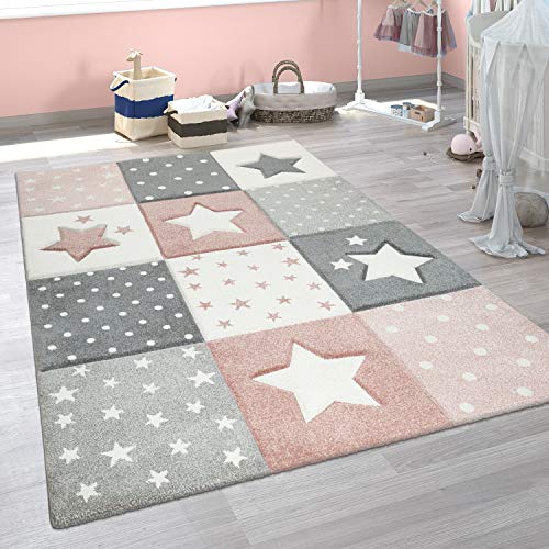 Paco Home Alfombra Infantil Moderna Pastel Cuadros Estrellas Lunares Diseño En Rosa Gris, tamaño:Ø 120 cm Redondo