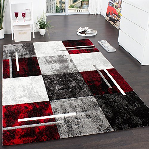 Paco Home Alfombra Moderna De Diseño Perfilado - A Cuadros En Gris Negro Rojo, Tamaño:60x110 cm