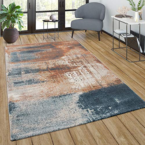 Paco Home Alfombra salón Vintage Pelo Corto Abstracta Moderna Naranja Azul en Naranja Azul, tamaño:200x280 cm