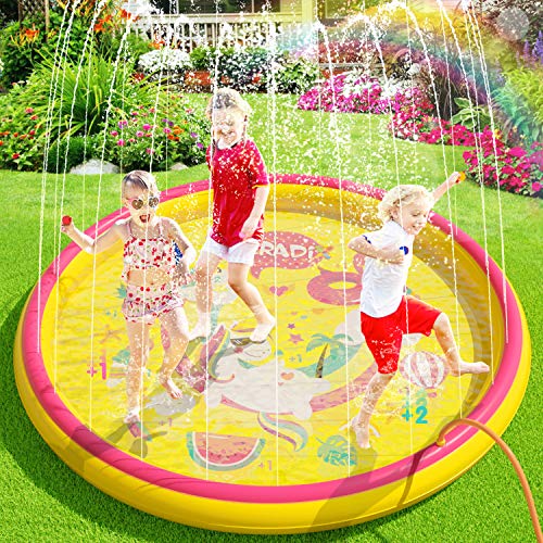 Peradix Splash Pad 170CM Tapete de Agua 2 en 1 Chapoteo Almohadilla Aspersor de Juego PVC Salpica *10 Fichas de Jueg Agua para Actividades Juegos Aire Libre para Niños Familiares/Playa/Jardín