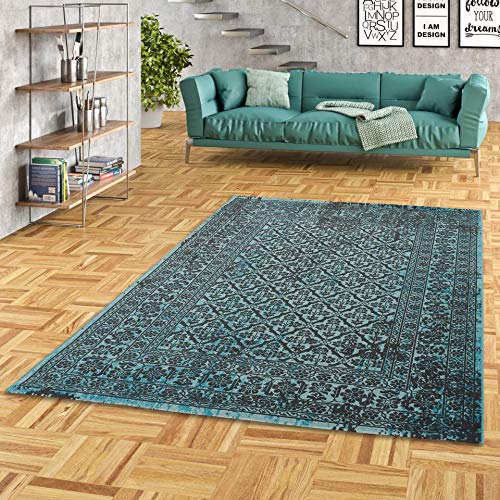 Pergamon Pop-Vintage - Alfombra de Diseño Orient - Azul Verde Borde - 5 tamaños