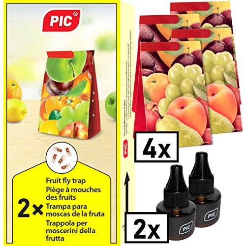 PIC - Trampa para Moscas de la Fruta - 4 trampas de Pegamento con 2 recipientes atrayentes - Medios para Combatir Las Moscas de la Fruta - Apto para la Cocina