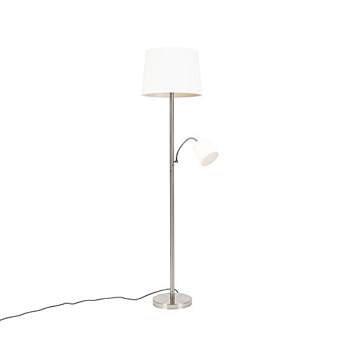 QAZQA Clásico/Antiguo Lámpara de pie clásica de acero con pantalla blanca y lámpara de lectura - Retro Textil/Acero Otros Adecuado para LED Max. 1 x 60 Watt