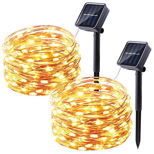 Qedertek Luces Solar Guirnaldas Exterior, Cadena de luces de Alambre 10M 100 LED, Luces Guirnaldas Luminosas Decoraciones, Luz Blanca Calido para habitaciones (2 Pack)