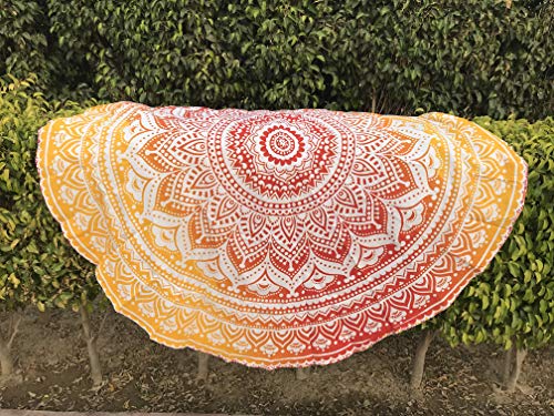 raajsee Tela Redonda de Mandala Estilo Hippie, diseño Indio Bohemio, como Colcha, Tapiz Decorativo, Mantel o Toalla de Playa, para meditación y Yoga, 175 cm, algodón, Naranja, 70 Inch