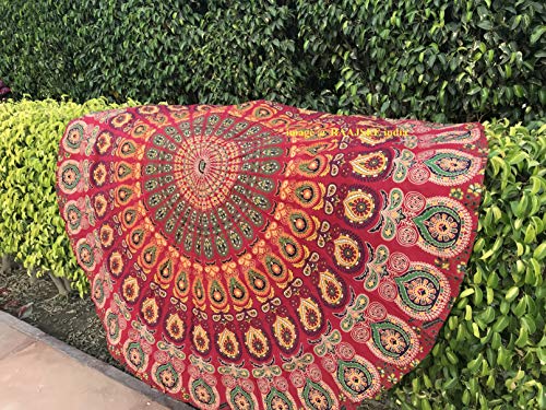 raajsee Tela Redonda de Mandala, Estilo Hippie,diseño Bohemio de Pavo Real, de algodón, Ideal como Colcha, Tapiz Decorativo, Mantel o Toalla de Playa, algodón, Rojo, 70 Inch