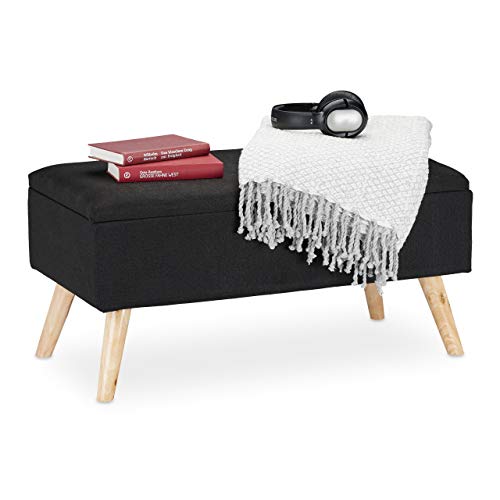 Relaxdays Baúl Almacenamiento con Patas, Banco Almacenaje, Puff, Tela-Madera-DM, 1 Ud, 39,5 x 79,5 x 39,5 cm, Negro, 39.5 x 79.5 x 39.5 cm