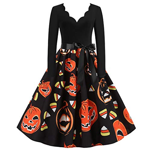 ReooLy Vestido de Fiesta de Fiesta de ama de casa de Las señoras de Halloween de Manga Larga Retro de los años 59(B-Negro,XXXL)