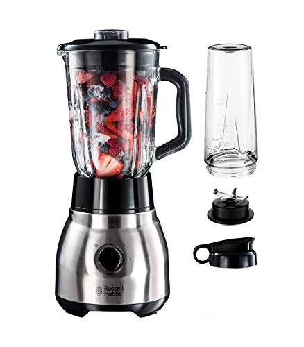 Russell Hobbs - Batidora de Vaso 2 en 1 (Jarra de Cristal, Vaso Smoothies, 600 W, Inox, Gris Plata), 23821-56