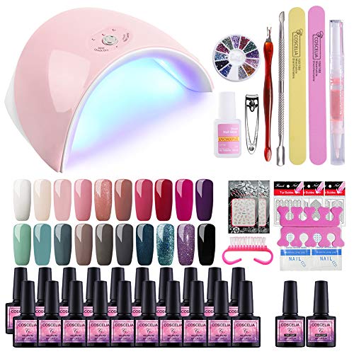 Saint-Acior 20PCS Esmalte de Uñas Semipermanente Uñas de Gel Soak off 8ml Nail Lamp 36W UV/LED Lámpara Uñas Secador de Uñas Top Coat Base Coat Manicura Kit