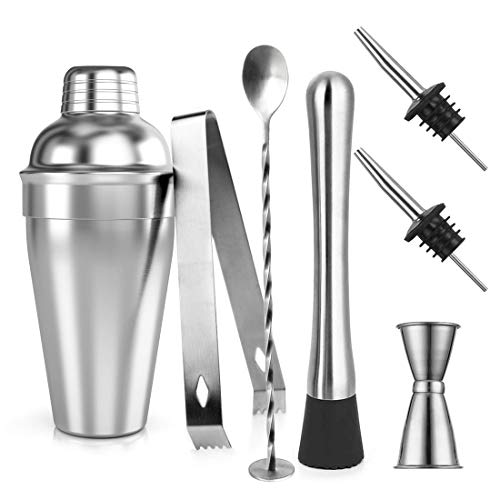 Samione Set, 7 Piezas Acero Inoxidable Hacer cócteles de Barras de Accesorios: 550ml Coctelera, Cuchara de Bar, Taza medidora, Hielo Pinzas, Receta de Bebidas, etc, Metal, Silver, m