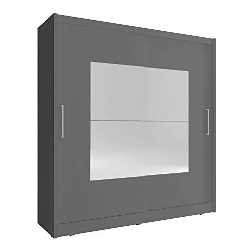 Sarah Armario de 9 – 2 puertas correderas con espejo grande para dormitorio, estilo moderno, color gris – 200 cm