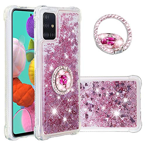 SEEYA Funda Glitter Líquido para Samsung Galaxy A51 Carcasa con Anillo Silicona Transparente Brillante Cristal Caso Purpurina Gel Suave Flexible y Ligera Cover Diseño Corazón Oro Rosa