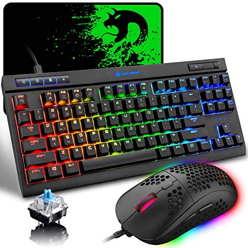 Set Teclado y Ratón RGB para Juegos, Teclado Mecánico del Arco Iris del Blue Switch de 87 Teclas + Ratón Ligero con Carcasa de Panal de 6400 dpi + Alfombrilla de Mouse para PC, Mac, PS4, Xbox Negro