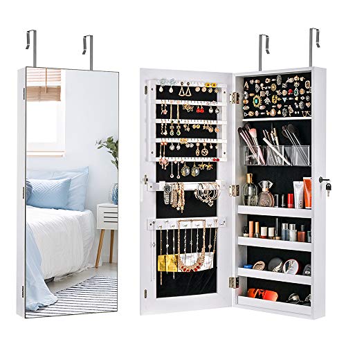 SILENTLY Gabinete De Joyería LED con Espejo, Gabinete De Almacenamiento Montado En La Pared con Cerradura, Caja De Almacenamiento De Joyería De Maquillaje, Gabinete De Pared con Puerta (Blanco),A