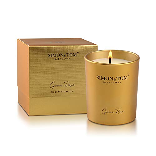 SIMON & TOM Vela PERFUMADA DE Cera DE Soja Natural - Fragancia de Rosa Verde - Larga duración, hasta 100 Horas de autonomía - Producto Vegano / 300 gr.