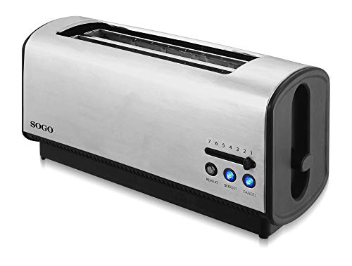 SOGO SS-5395 - Tostadora Deluxe de 4 Rebanadas 3 Funciones, 7 Niveles de Control de Temperatura, Bandeja de Recogemigas Extraíble, LED, Apagado Automático, 900W, Acero Inoxidable (2 Ranuras Largas)