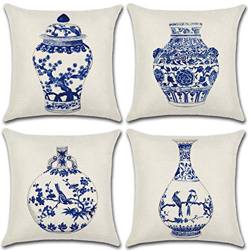 Soleebee Fundas de Almohada de Algodón - Fundas de Cojín del Coche para Sofá, Cama 45 x 45 cm Botella azul y blanco de porcelana