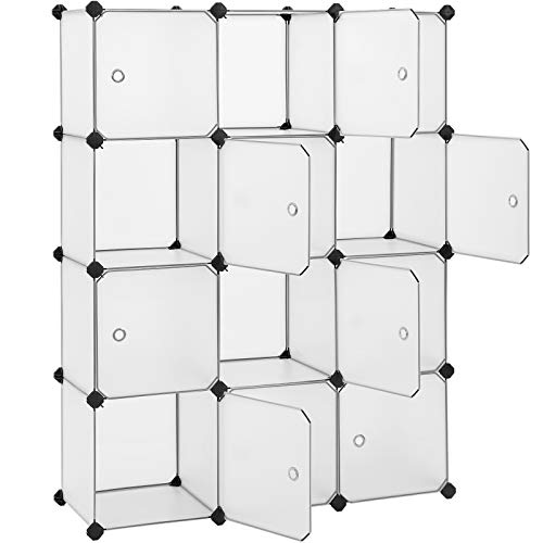 SONGMICS Armario Modular de Almacenamiento con 12 Cubos, Armario Plástico con Puerta, Armario, Zapatero, para Ropa Zapatos Libros, Fácil de Montar, 93 x 31 x 123 cm, Blanco LPC342W01