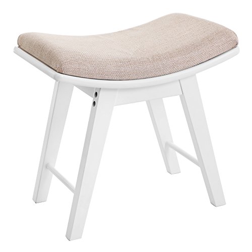 SONGMICS Taburete para Tocador Banco de Maquillaje Patas de Madera de Caucho Asiento Blando y Curvo Tapizado en Esponja Diseño Moderno,Blanco RDS51W