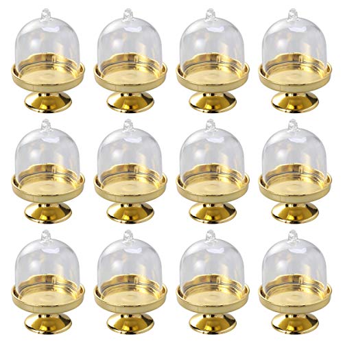 STOBOK 12pcs Mini Soporte para Tarta Pasteles Campana Campana de Cristal (con Plato, Bodas y Fiestas – Bandeja (Base de Oro)