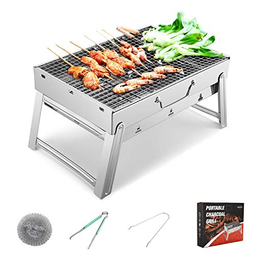 Sunkorto Barbacoa Portátil Parrilla Barbacoa Plegable de Acero Inoxidable Barbacoas de Carbon con Kit Herramientas para BBQ, Jardín,Picnic Exterior Tamaño S 39x27x20cm