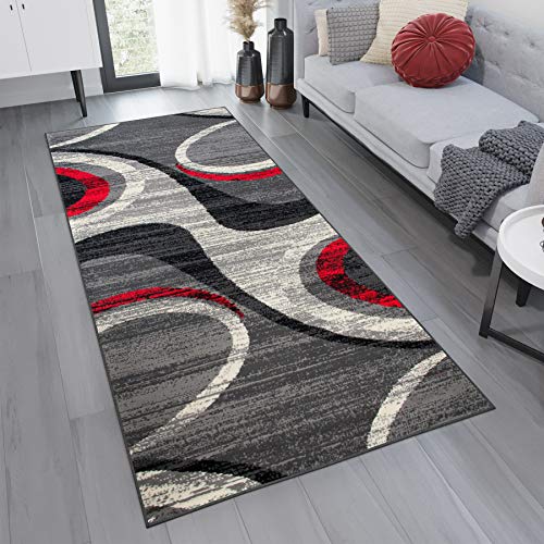 Tapiso Alfombra De Pasillo Moderna Fina - Color Rojo Gris Oscuro Diseño Abstacto Circulado - Colección Fiesta 100 x 250 cm