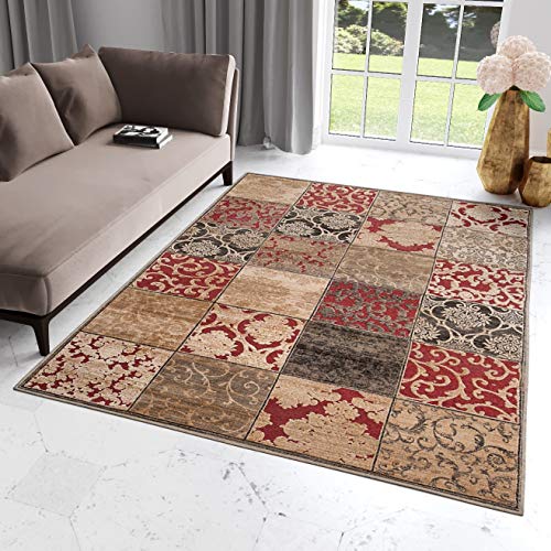 Tapiso Colección Bohemian Alfombra Salón Sala Piso Estilo Clásico Contorno 3D Color Marrón Rojo Beige Diseño Floral Hojas Geométrico Cuadrados 160 x 230 cm